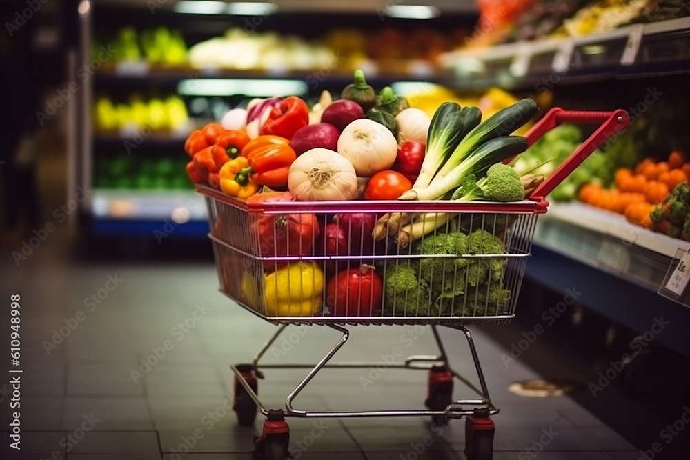 Shopping Trolley Full of Fresh Vegetables. Generative AI