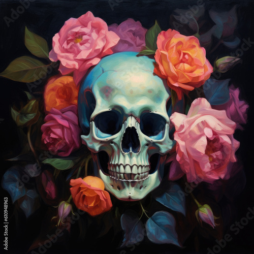 Skull and roses. Digital art. Generative AI.