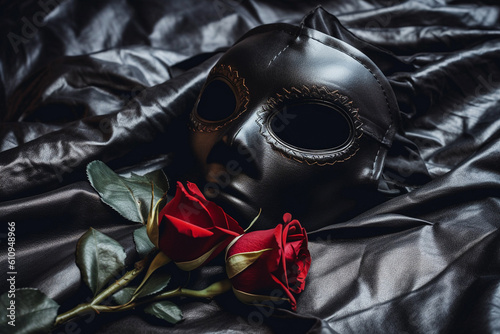 shiny black leather mask and red roses on a dark satin bed sheet, sexuality and seduction concept, created with generative ai photo
