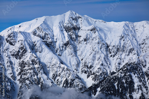 西穂高岳から眺めた白銀の北アルプスの笠ヶ岳