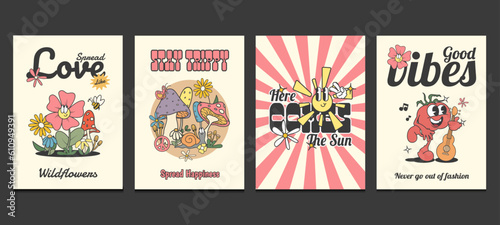 groovy hippie 70s posters, retro wall art with positive quotes, vector illustration