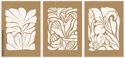 Abstract groovy floral posters. Modern trendy Matisse minimal style. Hand drawn design for wallpaper, wall decor, print, postcard, cover, template, banner.