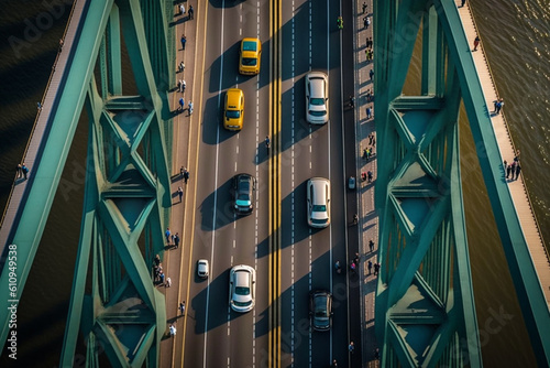 Bustling traffic on Elisabeth Bridge in Budapest, Hungary, through an aerial view. The vibrant energy of the city and the vehicles crossing the iconic bridge. Generative AI.