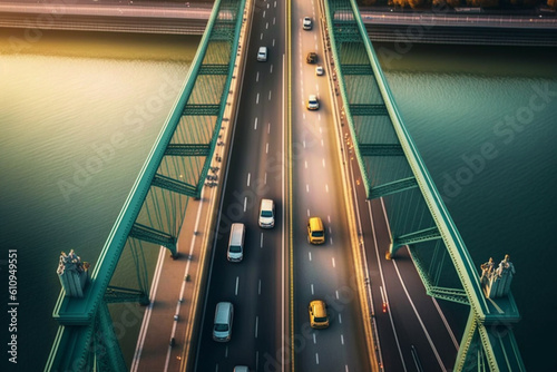 Bustling traffic on Elisabeth Bridge in Budapest, Hungary, through an aerial view. The vibrant energy of the city and the vehicles crossing the iconic bridge. Generative AI.