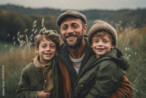 Beautiful portrait of father and sons. Generative AI