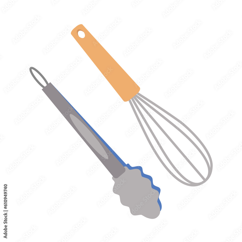 Fototapeta premium Dishes. A set of whisk for mixing, kitchen tongs for food.