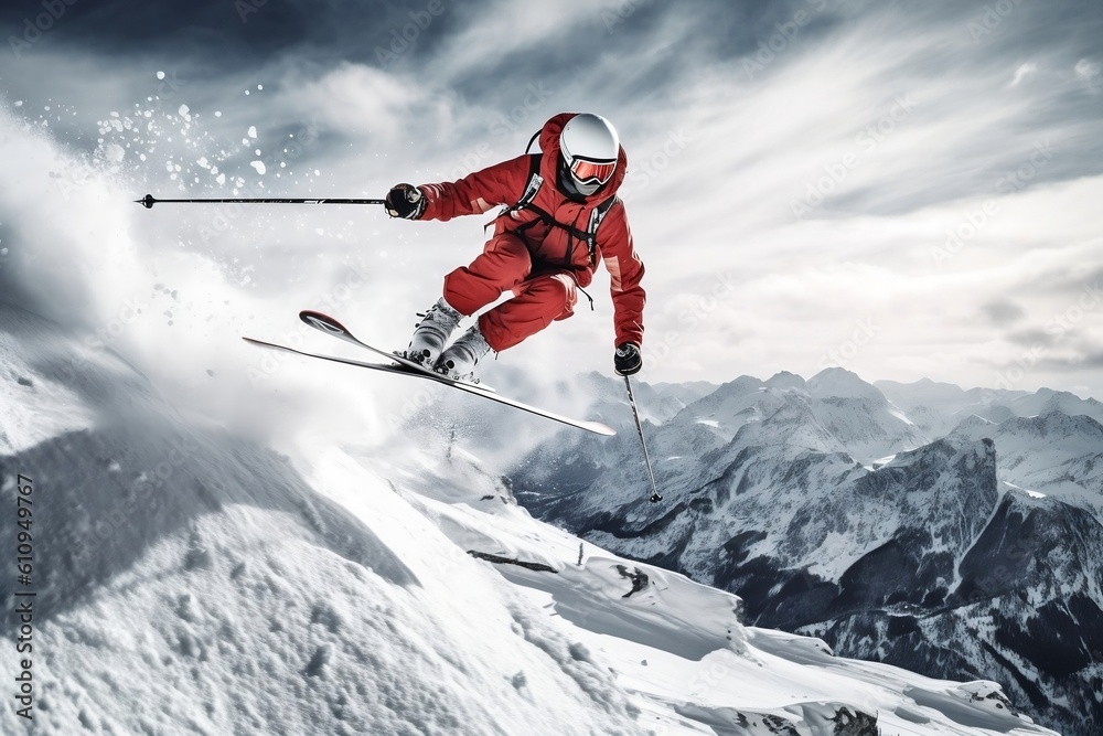Adventurous Skier in Action Extreme Winter Sports. Generative AI