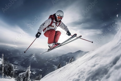 Adventurous Skier in Action Extreme Winter Sports. Generative AI