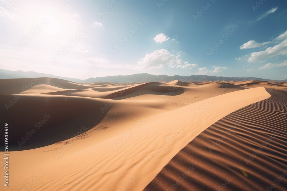 Naklejka premium Vast open desert under a clear sky, cinematic. Generative AI