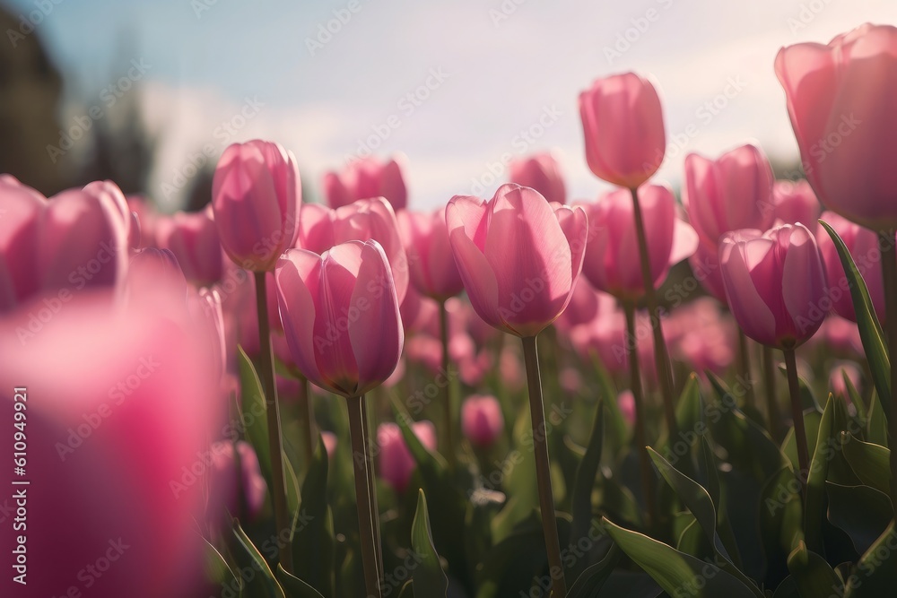 A picturesque vista of colorful tulips in a vast expanse. Generative AI