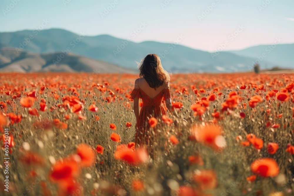 Field of poppies, cinematic, a lone woman walking. Generative AI