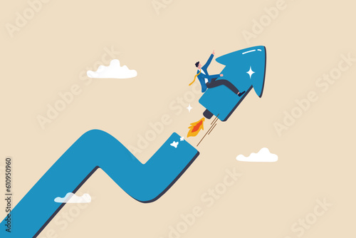 Investment growth boosting profit earning, increase market return or boost growth, growing fast, startup launch project or improvement concept, businessman riding rising up arrow with rocket booster.