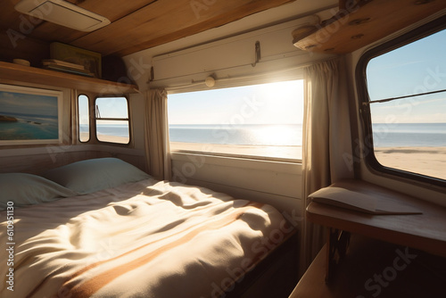 Comfortable interior of motor home camping car, decor of salon area in modern caravan house design with ocean view. Relaxation areas for road travel. Traveling and entertainment concept. Generative AI