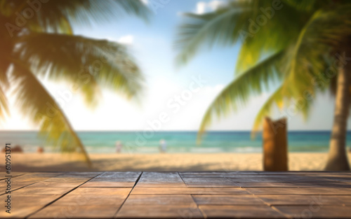 Empty wooden table on blurred tropical beach background