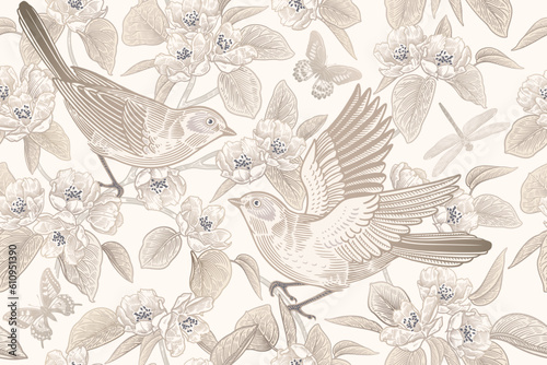 Birds, butterflies, dragonfly on Blossoming tree. Light delicate Vector seamless pattern. Vintage.