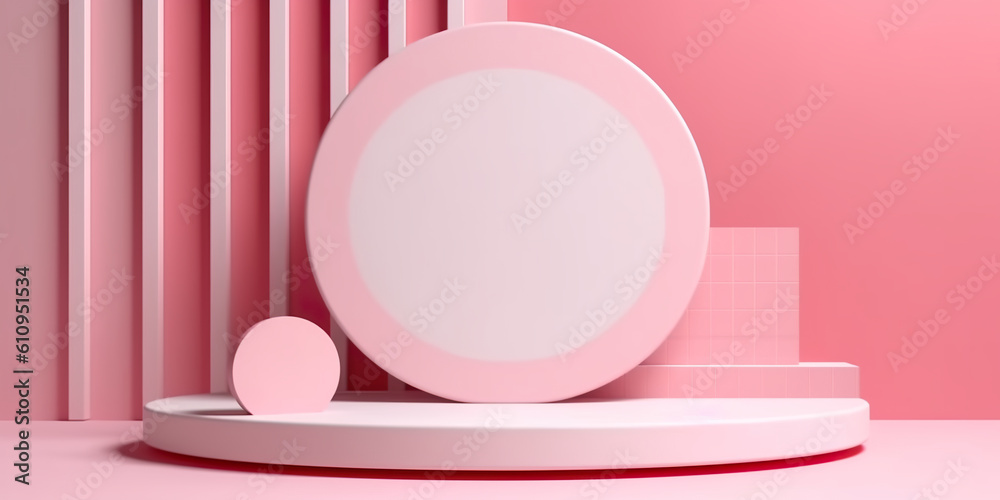 Round podium on layered pink and red background. Product pedestal for product showcase. Generative AI. Round podium on layered pink and red background. Product pedestal for product showcase. Generative AI.