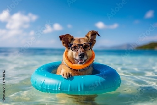 Stylish Dog in Sunglasses on Swim Ring at the Beach. Generative AI