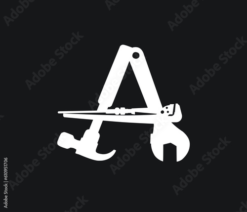 Hand tools Letter A logo. labor day letter icon. construction tools logo icon. Hammer logo