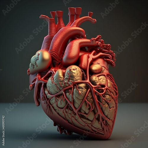 Anatomically correct detailed Human heart model, isolated on simple dark background. World Heart Day. Generative AI