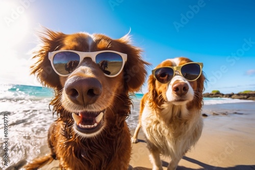 Pawsome Dogs in Sunglasses Capturing Selfies. Generative AI