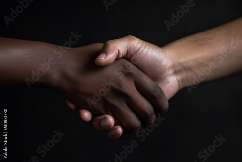 Two professionals of different race nationalities in business clothes shaking hands in agreement on dark black background. Business people meeting. Successful deal corporate partnership. Generative AI