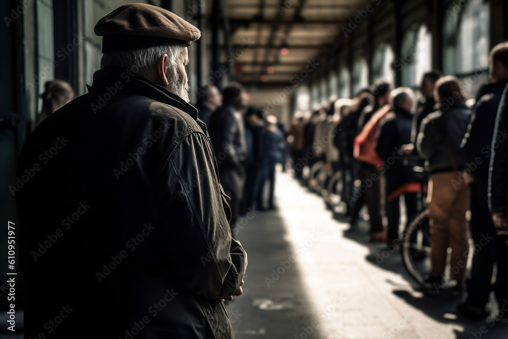 Fototapeta premium Senior disabled person back view standing with limp in front of queue crowd. Concept of accessible environment. raising awareness of architectural barriers and accessibility issue. Generative AI