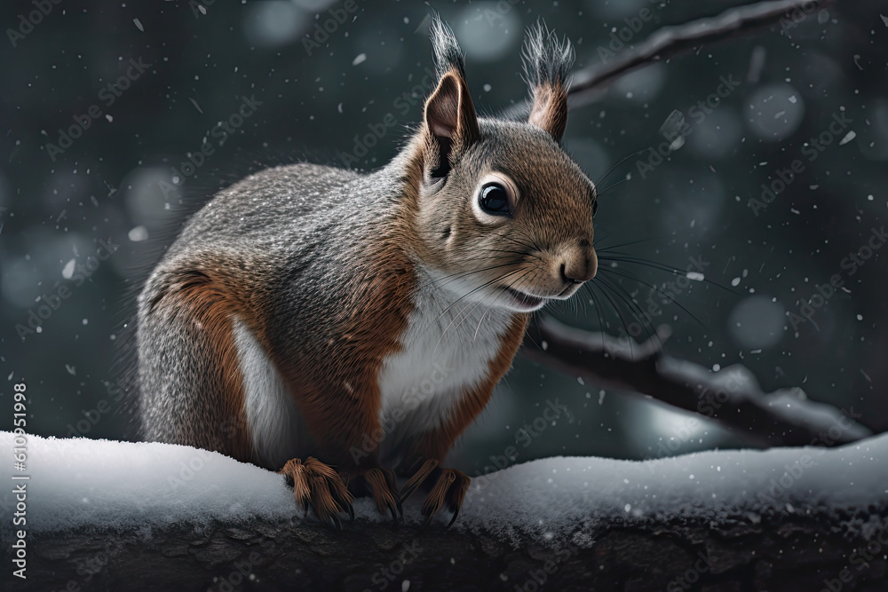Realistic Squirrel on Snowy Branch with Generative AI Patterns Realistic Squirrel on Snowy Branch with Generative AI Patterns