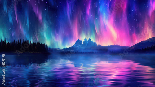 landscape with vibrant light reflections resembling the aurora borealis