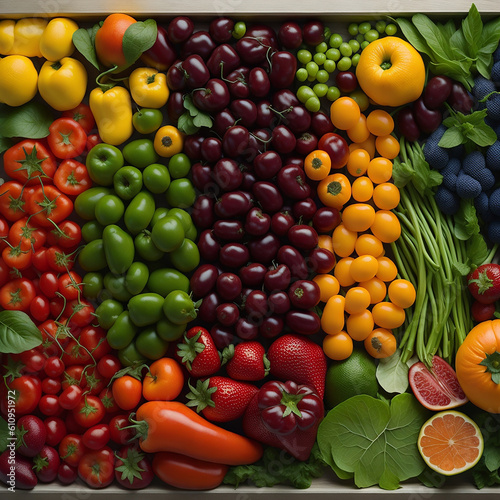 A still-life of summer fruits and vegetables  arranged in a rainbow of colors and textures.