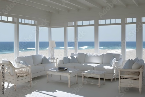 Stunning white furniture in the living room in a beach house with a beautiful location by the ocean - generative ai © unalcreative