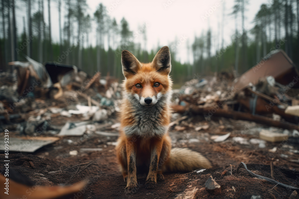 fox in a ruined forest environment