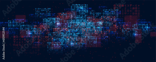 Cyber background constructed with different symbols. Digital futuristic backdrop. Abstract visualization of programming. Vector illustration.
