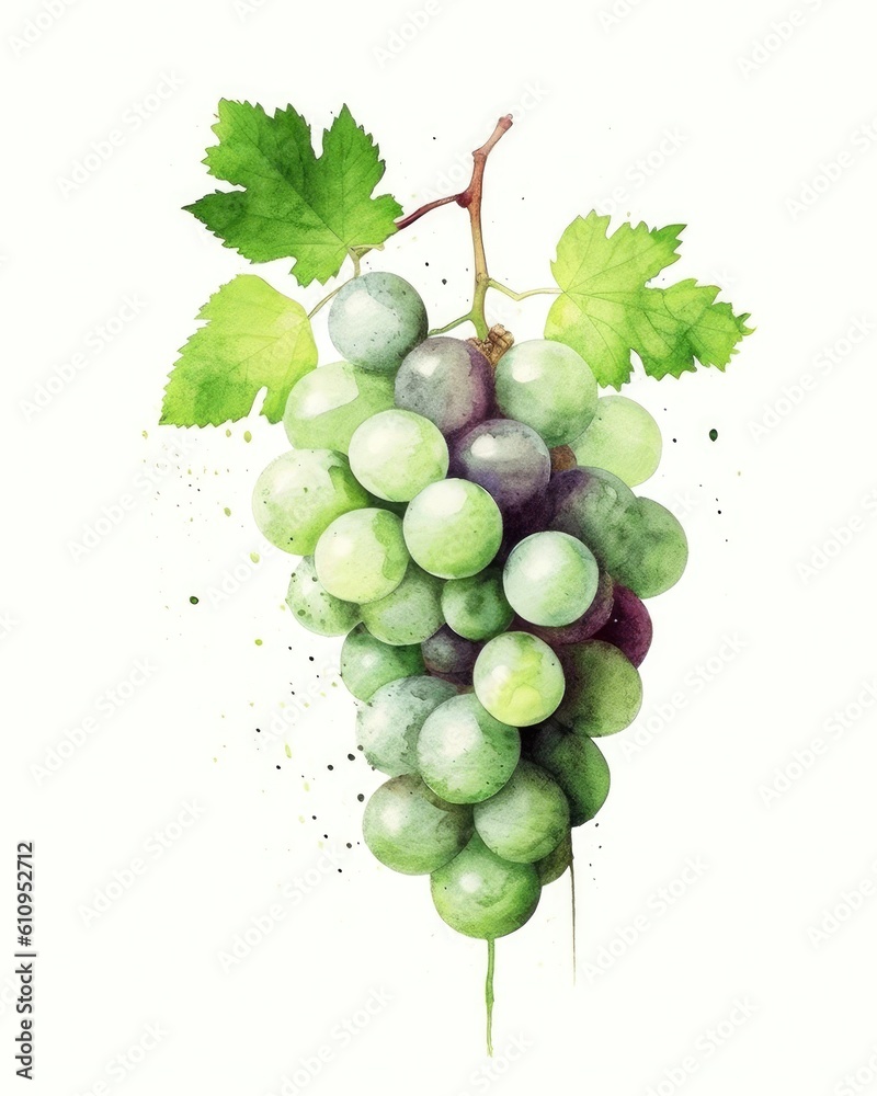 Watercolor of a bunch of green grapes with leaves on a white background Generative AI Illustration Watercolor of a bunch of green grapes with leaves on a white background Generative AI Illustration