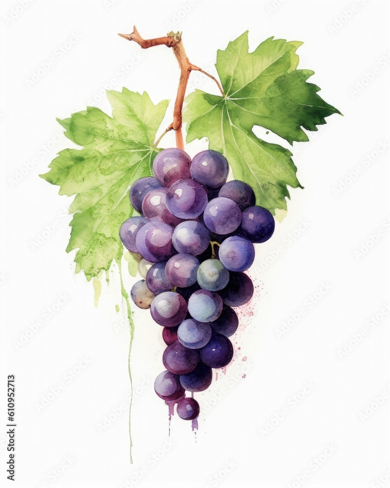Watercolor of a bunch of dark grapes with leaves on a white background Generative AI Illustration Watercolor of a bunch of dark grapes with leaves on a white background Generative AI Illustration