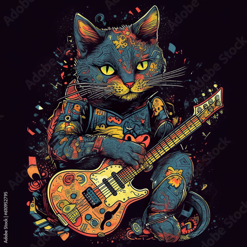 A cat with a guitar in its paws. Generative AI.