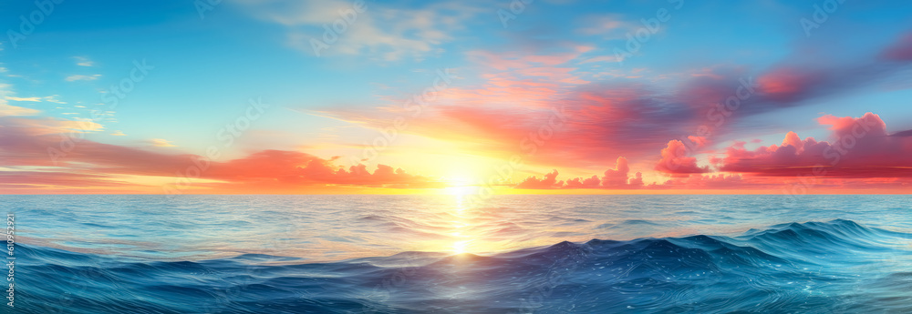 Sunset on a blue sky with clouds, light violet  and yellow horizons, ray soft the sun above the water. Generative Ai.