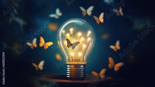 Night butterflies fly light bulbs created with generative AI technology