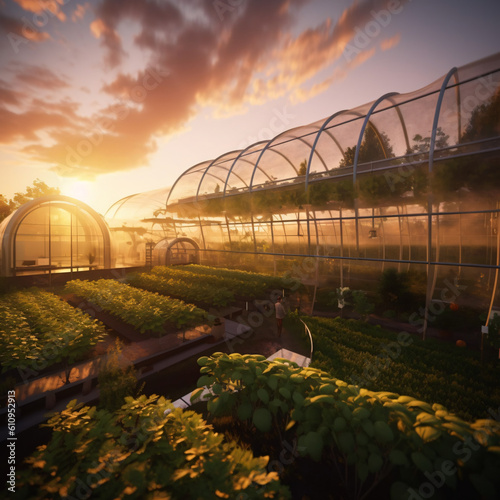 hydroponics and vertical farming, using a wide-angle lens during the golden hour to highlight the harmonious coexistence of nature and technology, Generated AI