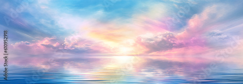 Sunset on a blue sky with clouds, light violet and yellow horizons, ray soft the sun above the water. Generative Ai.