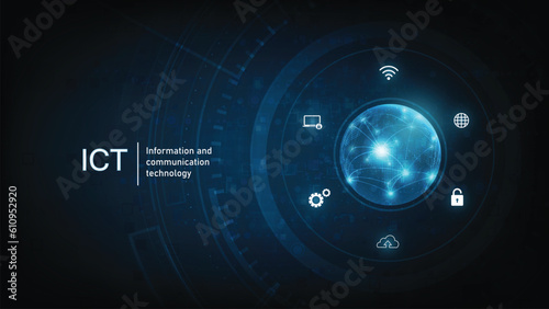 Information and communication technology(ICT)concept.Information and communication technology on dark blue background. Wireless communication network. Intelligent system automation.
