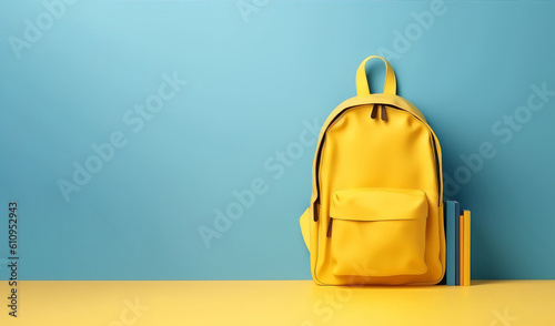 Back to school. Yellow backpack with books and school stuff on blue background 3D Rendering. Banner, a place for text, copy space. Generative AI