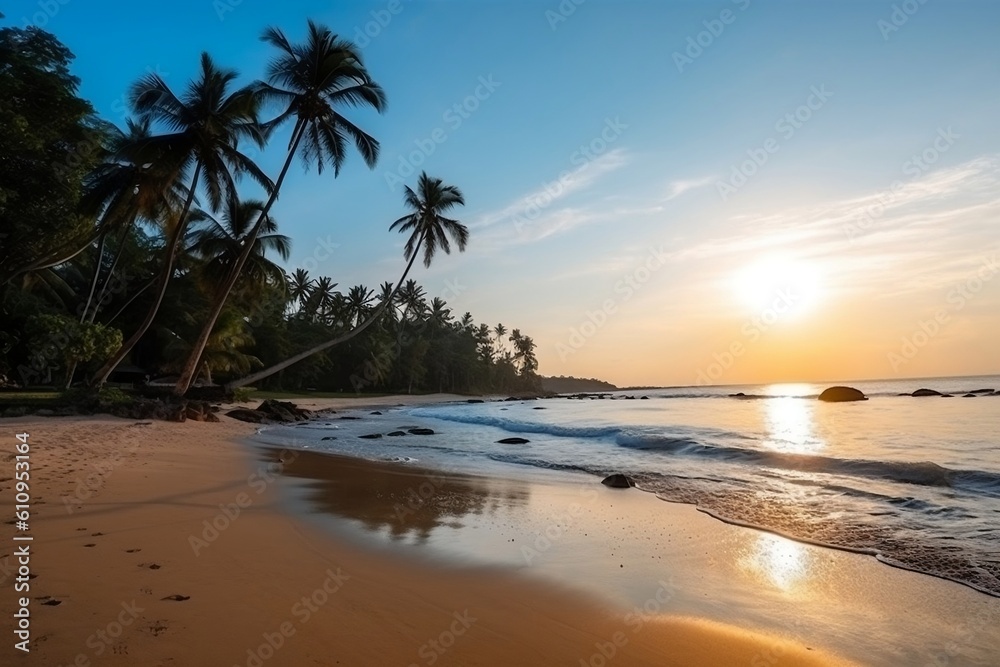 A Beautiful Beach with Palm Trees in the Morning. Generative AI