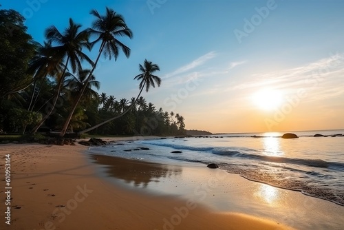 A Beautiful Beach with Palm Trees in the Morning. Generative AI