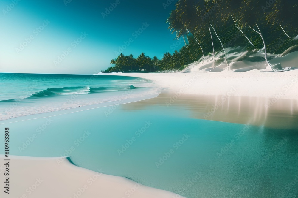 The peaceful beauty of a beach view is truly mesmerizing.  From crystal clear water to white sand - generative ai
