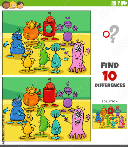 differences game with cartoon aliens or monsters group
