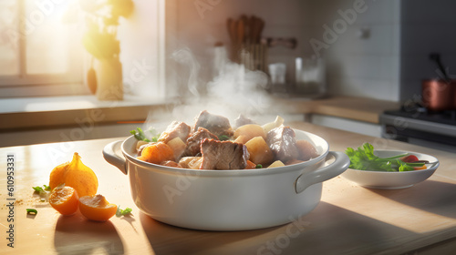A very bright white kitchen setting with A hot steaming bowl of classic beef stew on a table, steam eminating from the top. photo