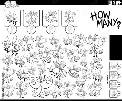 how many cartoon insects counting game coloring page