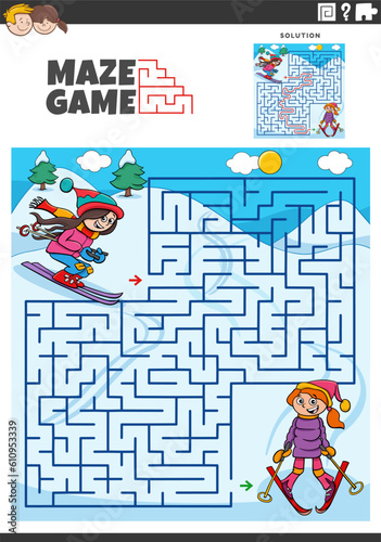 maze game activity with cartoon girls characters skiing