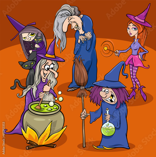 cartoon witches fairy tale comic characters group