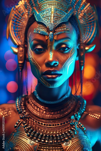 A close up of a woman wearing a costume. Generative AI. African model with futuristic face paint.